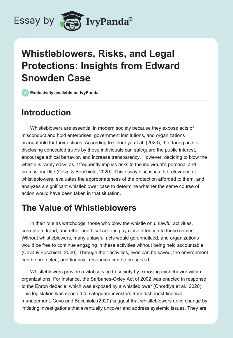 Whistleblowers, Risks, and Legal Protections: Insights from Edward Snowden Case. Page 1