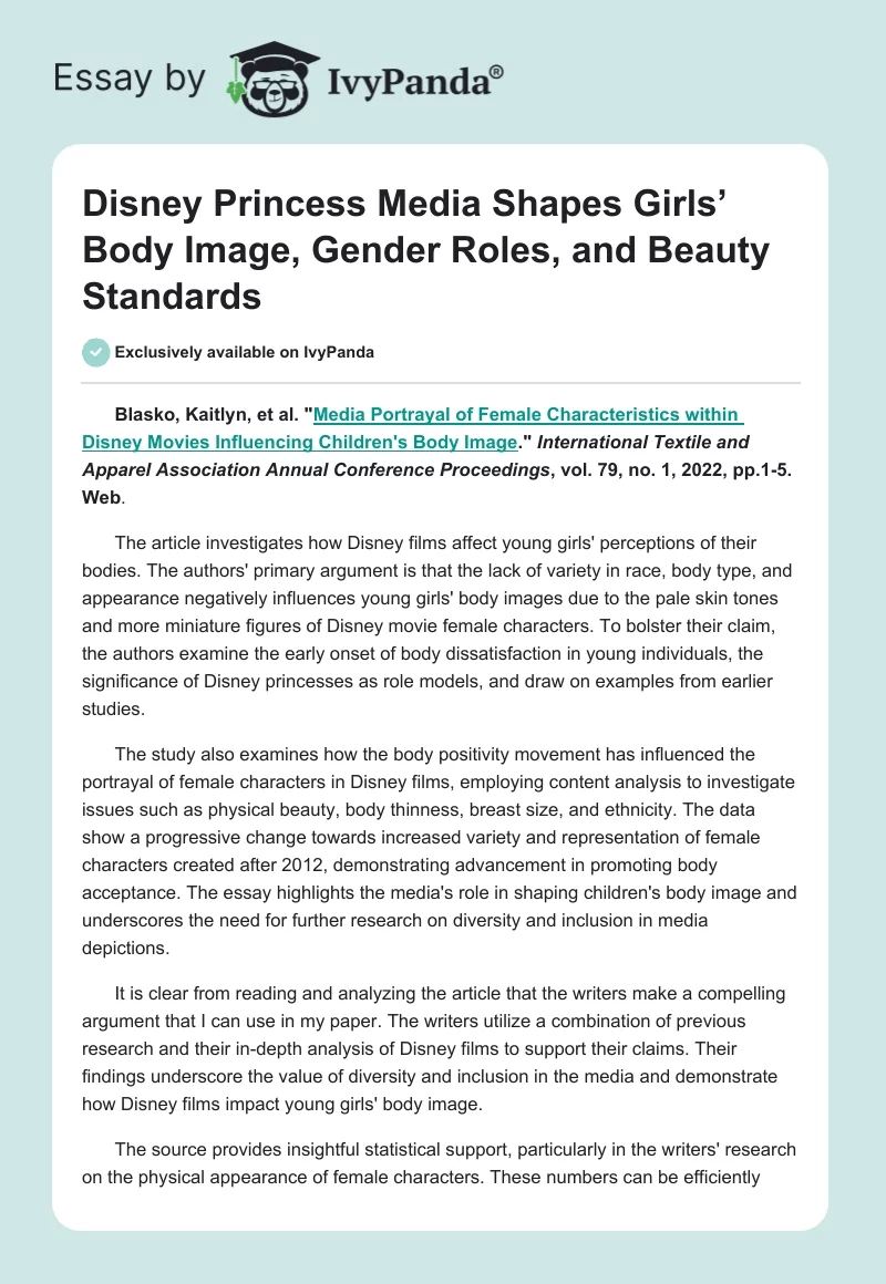 Disney Princess Media Shapes Girls’ Body Image, Gender Roles, and Beauty Standards. Page 1