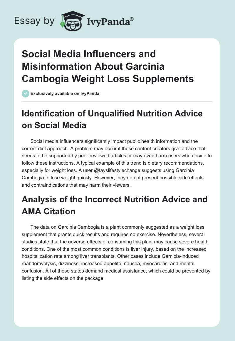 Social Media Influencers and Misinformation About Garcinia Cambogia Weight Loss Supplements. Page 1