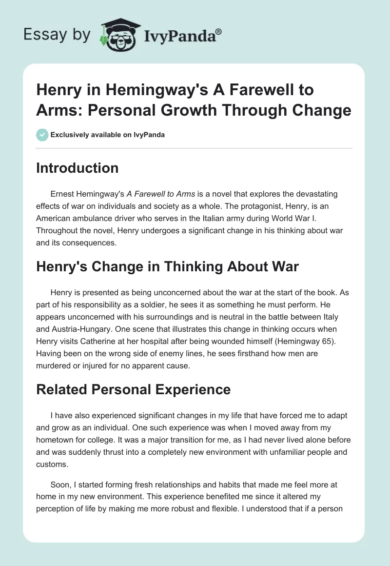Henry in Hemingway's "A Farewell to Arms": Personal Growth Through Change. Page 1