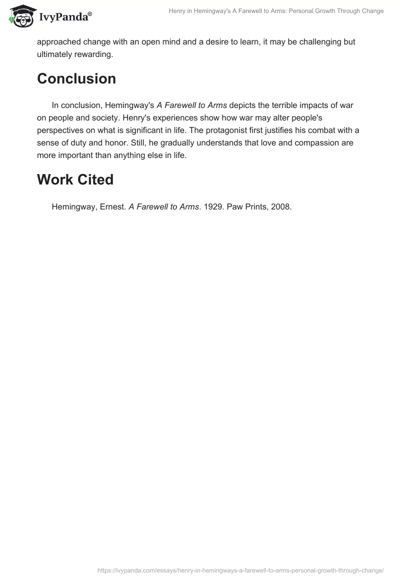 Henry in Hemingway's "A Farewell to Arms": Personal Growth Through Change. Page 2