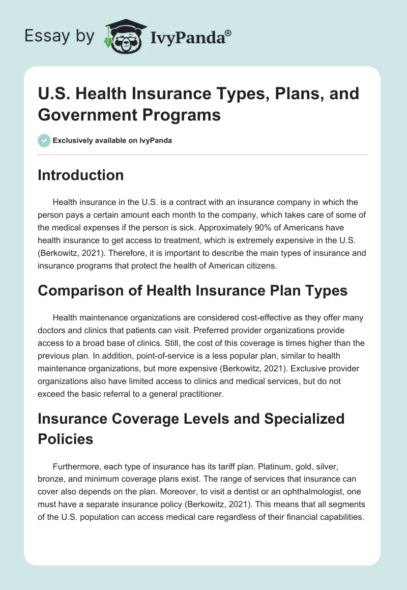 U.S. Health Insurance Types, Plans, and Government Programs. Page 1
