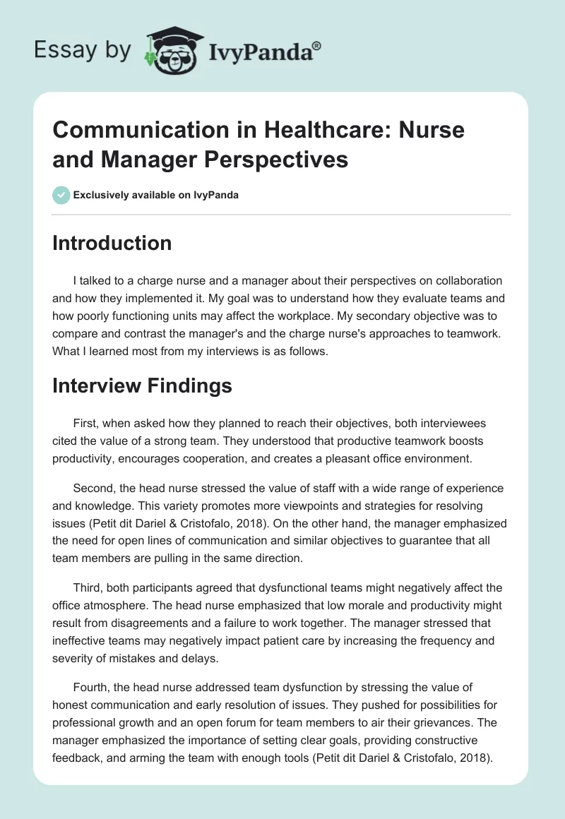 Communication in Healthcare: Nurse and Manager Perspectives. Page 1