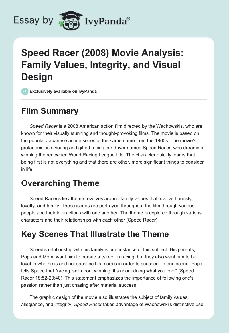 Speed Racer (2008) Movie Analysis: Family Values, Integrity, and Visual Design. Page 1