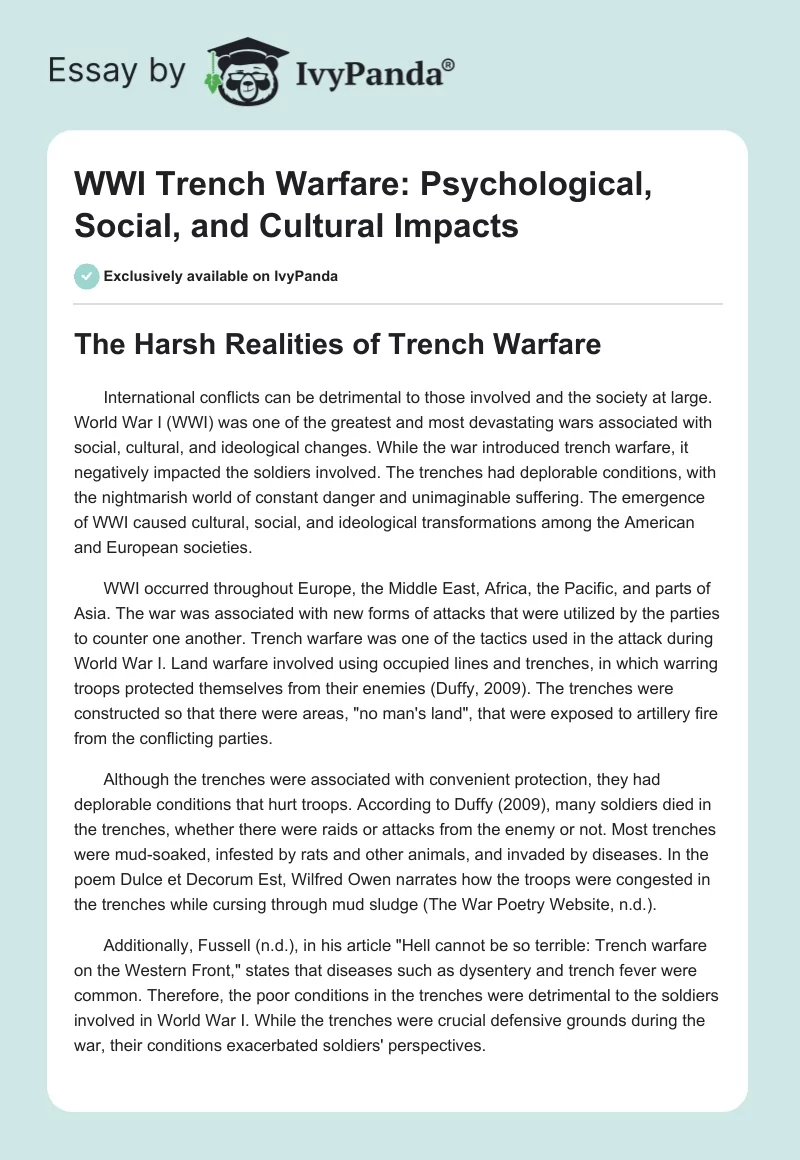 WWI Trench Warfare: Psychological, Social, and Cultural Impacts. Page 1