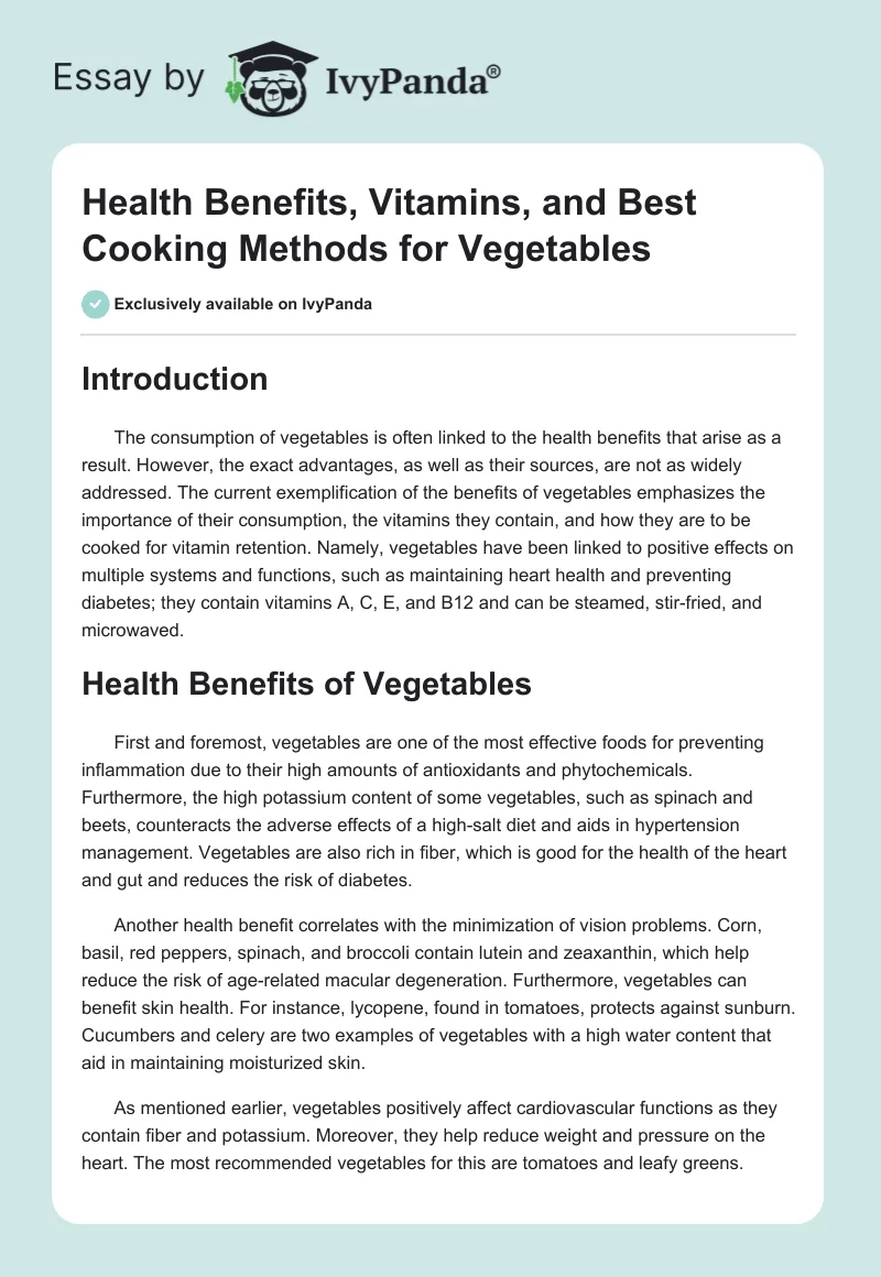 Health Benefits, Vitamins, and Best Cooking Methods for Vegetables. Page 1