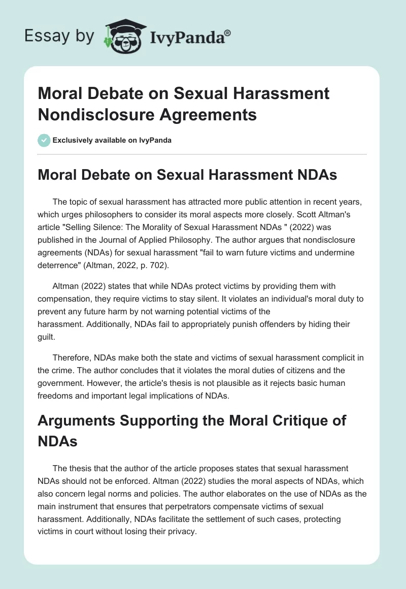 Moral Debate on Sexual Harassment Nondisclosure Agreements. Page 1