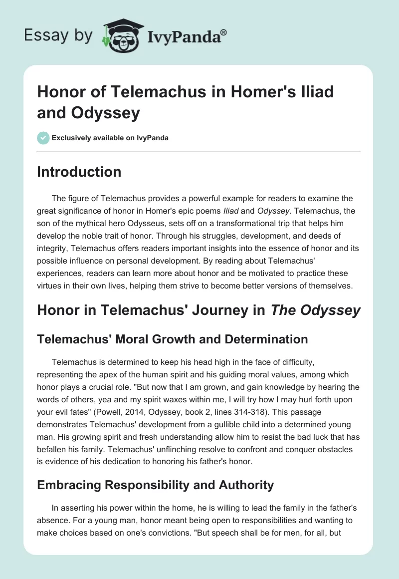 Honor of Telemachus in Homer's Iliad and Odyssey. Page 1