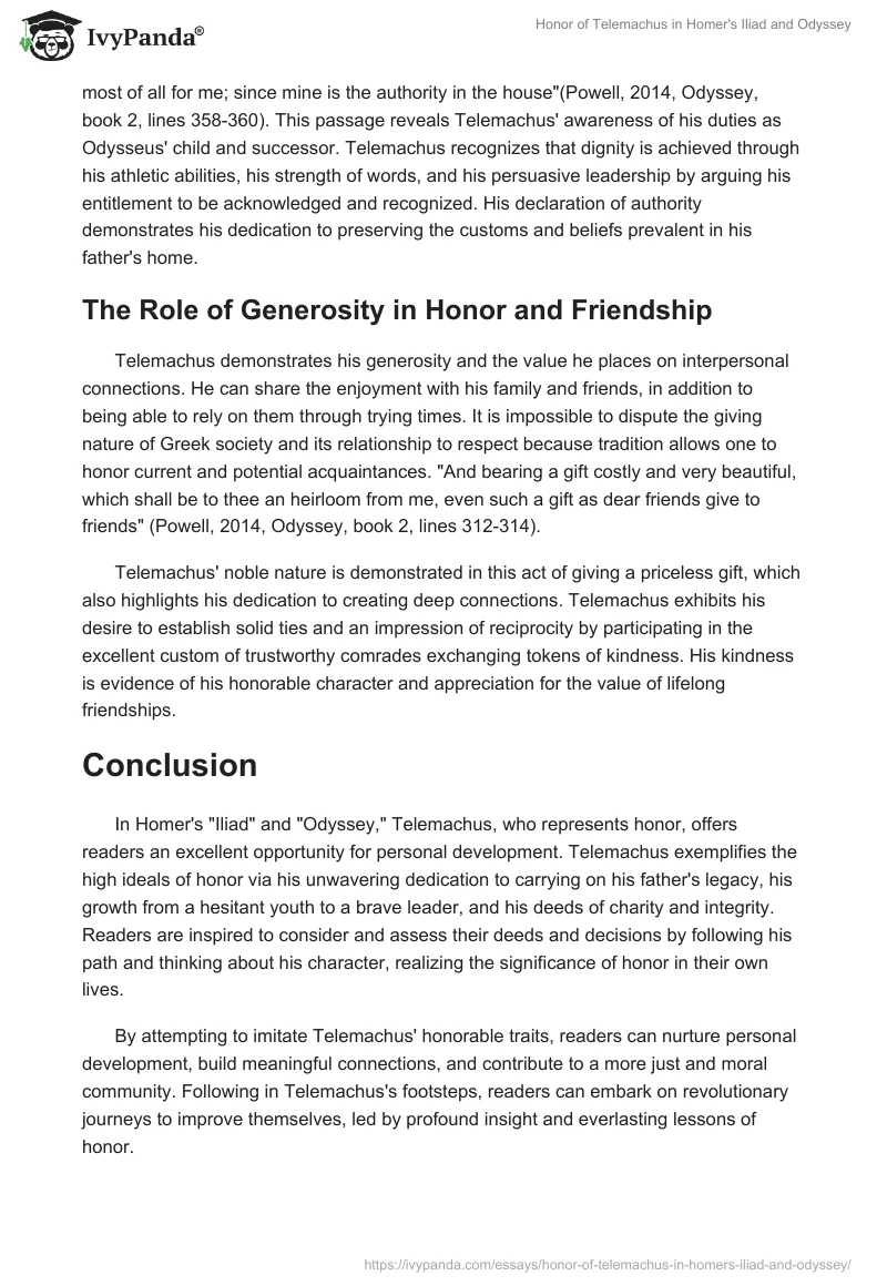 Honor of Telemachus in Homer's Iliad and Odyssey. Page 2