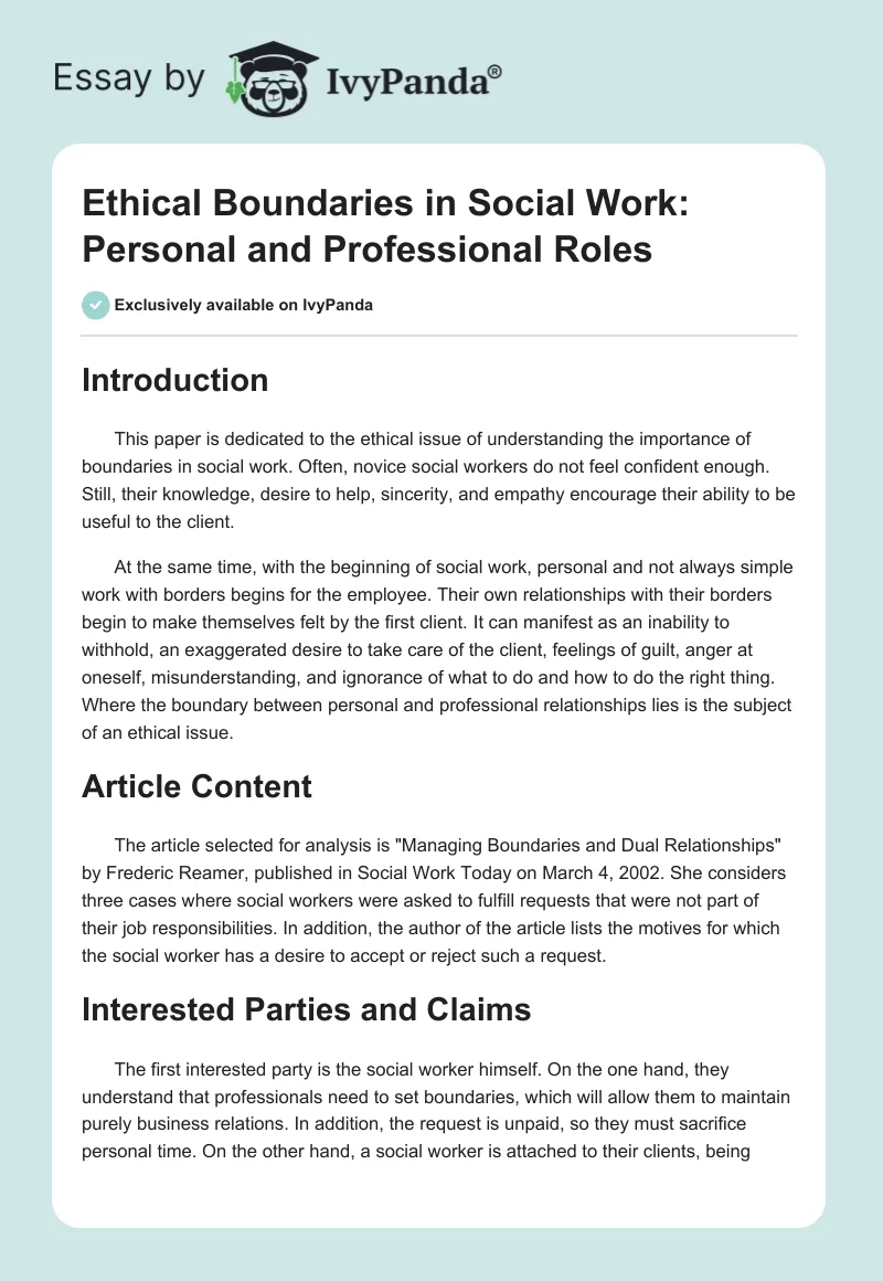 Ethical Boundaries in Social Work: Personal and Professional Roles. Page 1