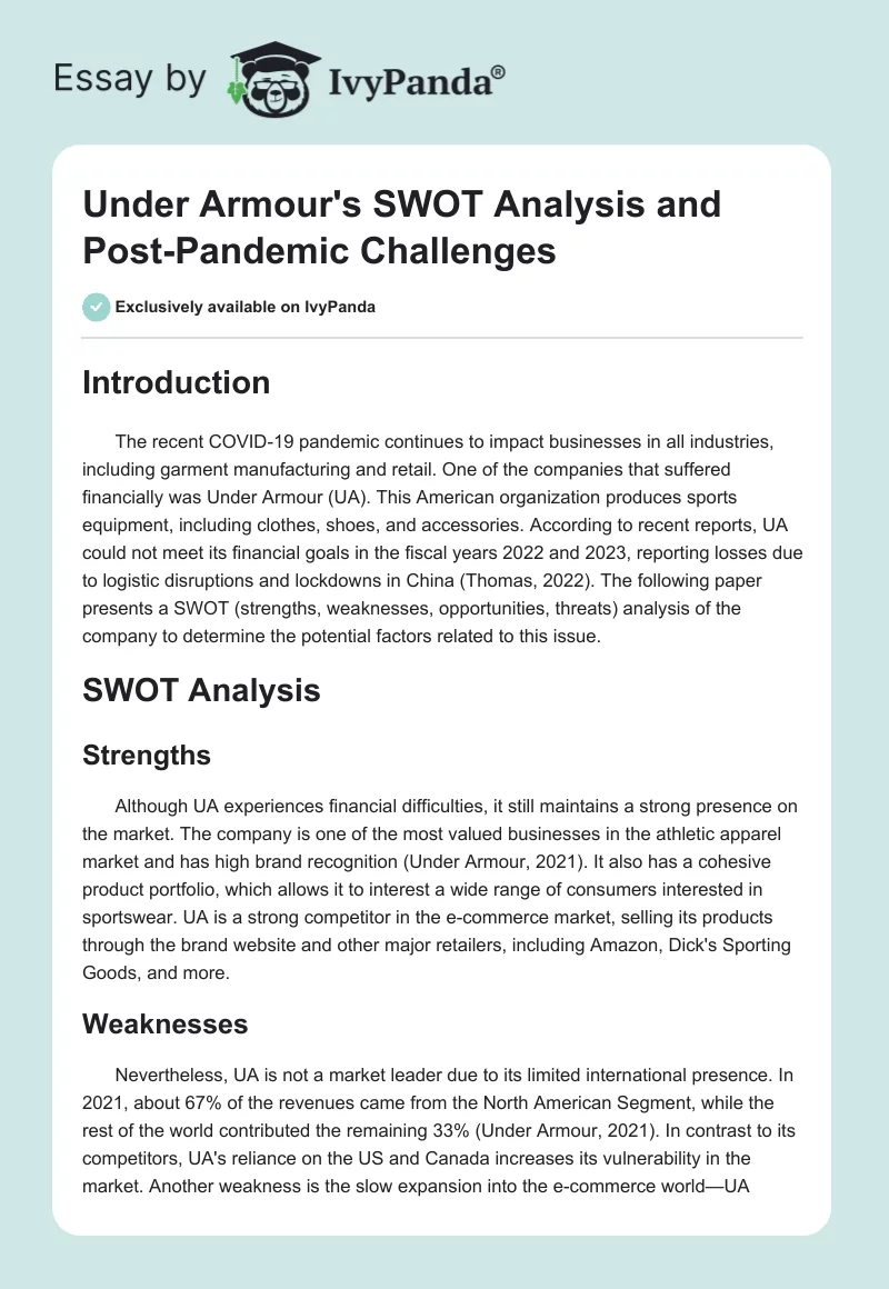 Under Armour's SWOT Analysis and Post-Pandemic Challenges. Page 1