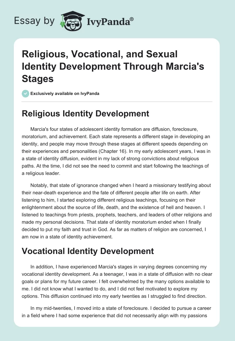 Religious, Vocational, and Sexual Identity Development Through Marcia's Stages. Page 1