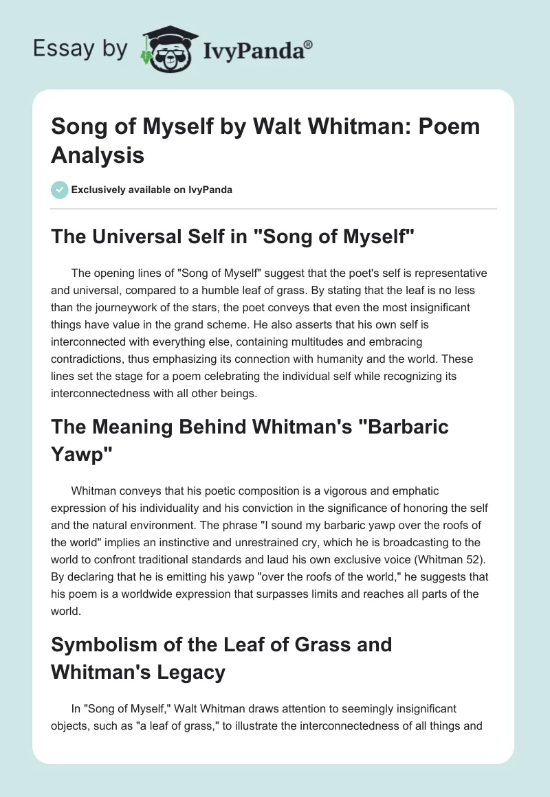 "Song of Myself" by Walt Whitman: Poem Analysis. Page 1
