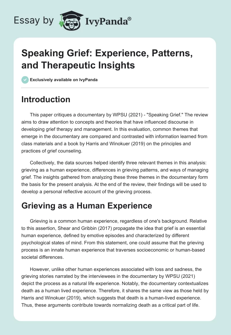Speaking Grief: Experience, Patterns, and Therapeutic Insights. Page 1