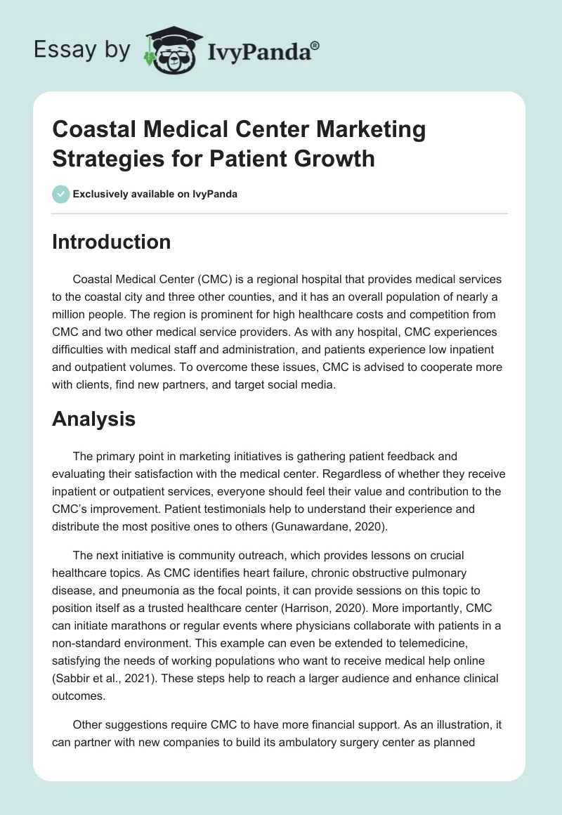 Coastal Medical Center Marketing Strategies for Patient Growth. Page 1