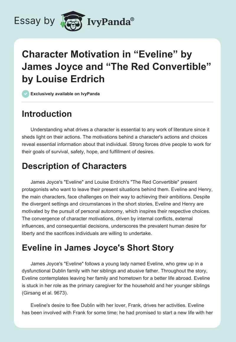 Character Motivation in “Eveline” by James Joyce and “The Red Convertible” by Louise Erdrich. Page 1
