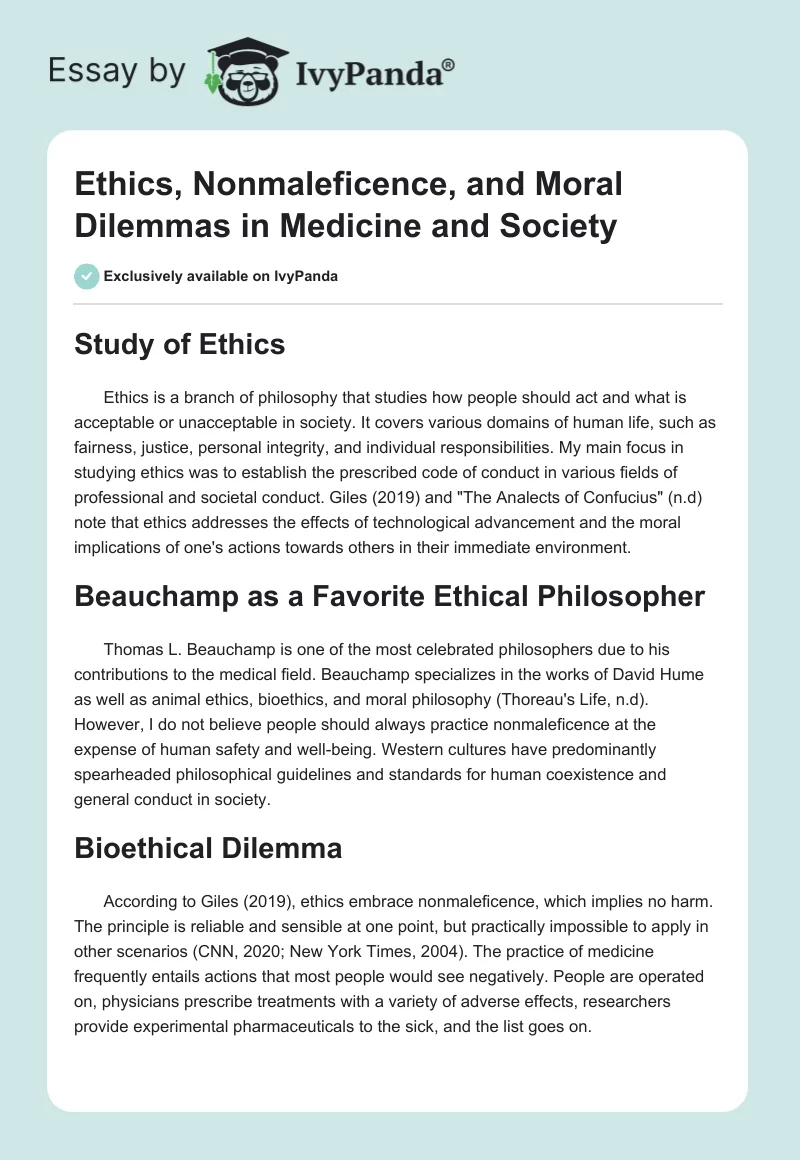 Ethics, Nonmaleficence, and Moral Dilemmas in Medicine and Society. Page 1