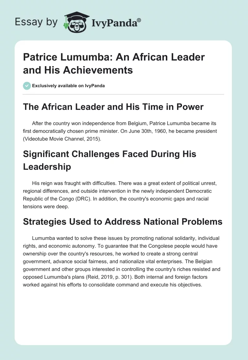 Patrice Lumumba: An African Leader and His Achievements. Page 1