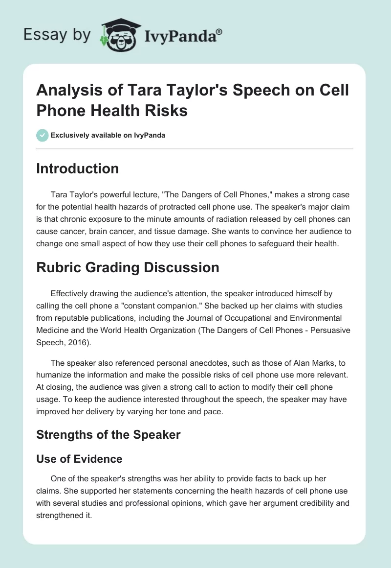 Analysis of Tara Taylor's Speech on Cell Phone Health Risks. Page 1