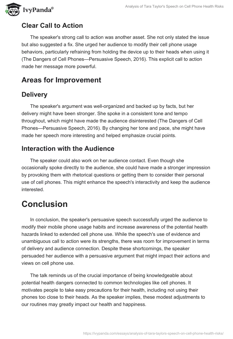 Analysis of Tara Taylor's Speech on Cell Phone Health Risks. Page 2