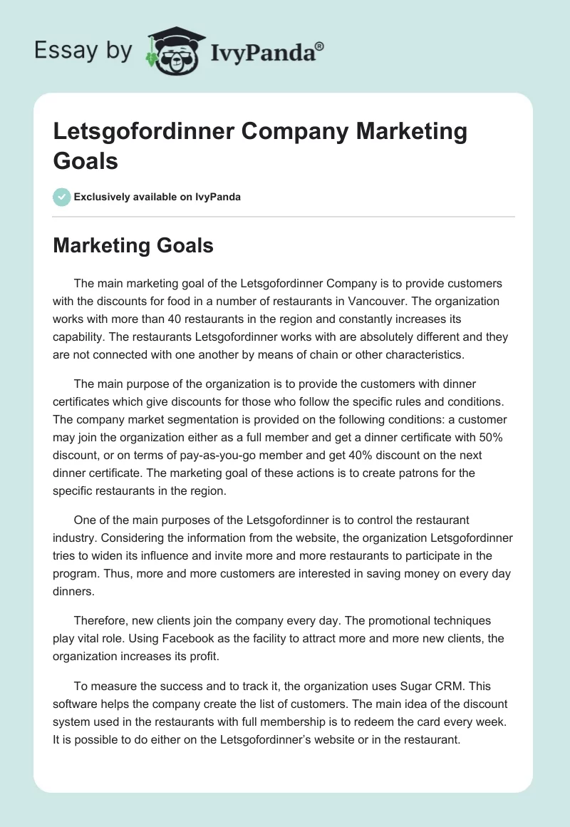 Letsgofordinner Company Marketing Goals. Page 1