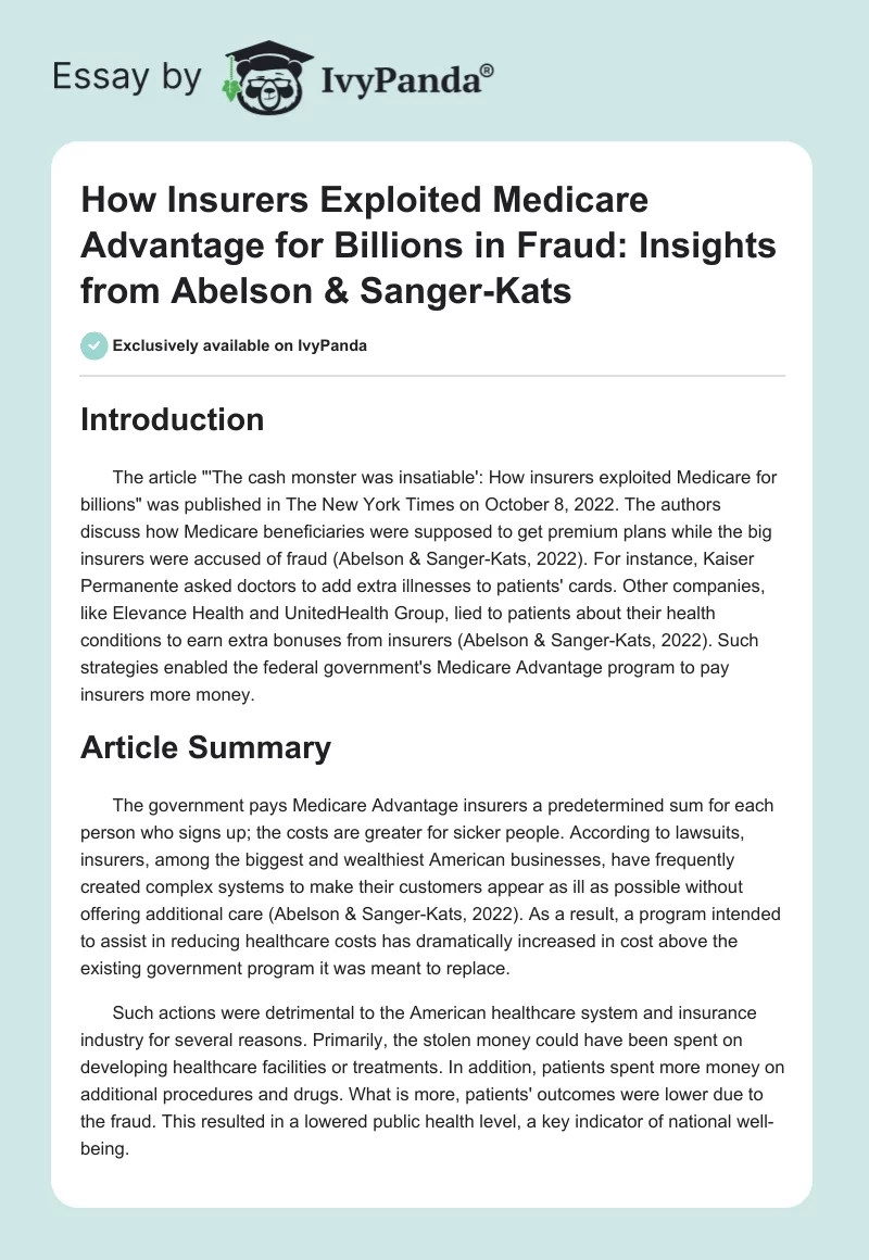 How Insurers Exploited Medicare Advantage for Billions in Fraud: Insights from Abelson & Sanger-Kats. Page 1