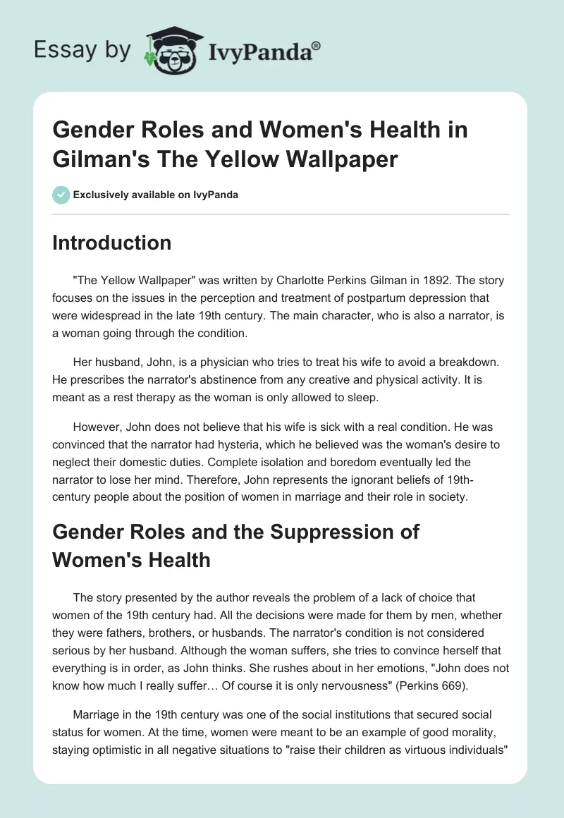 Gender Roles and Women's Health in Gilman's "The Yellow Wallpaper". Page 1