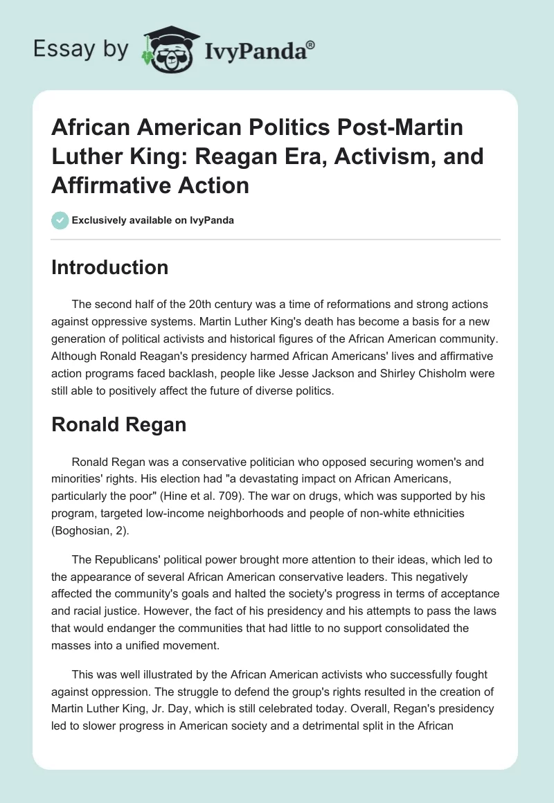 African American Politics Post-Martin Luther King: Reagan Era, Activism, and Affirmative Action. Page 1