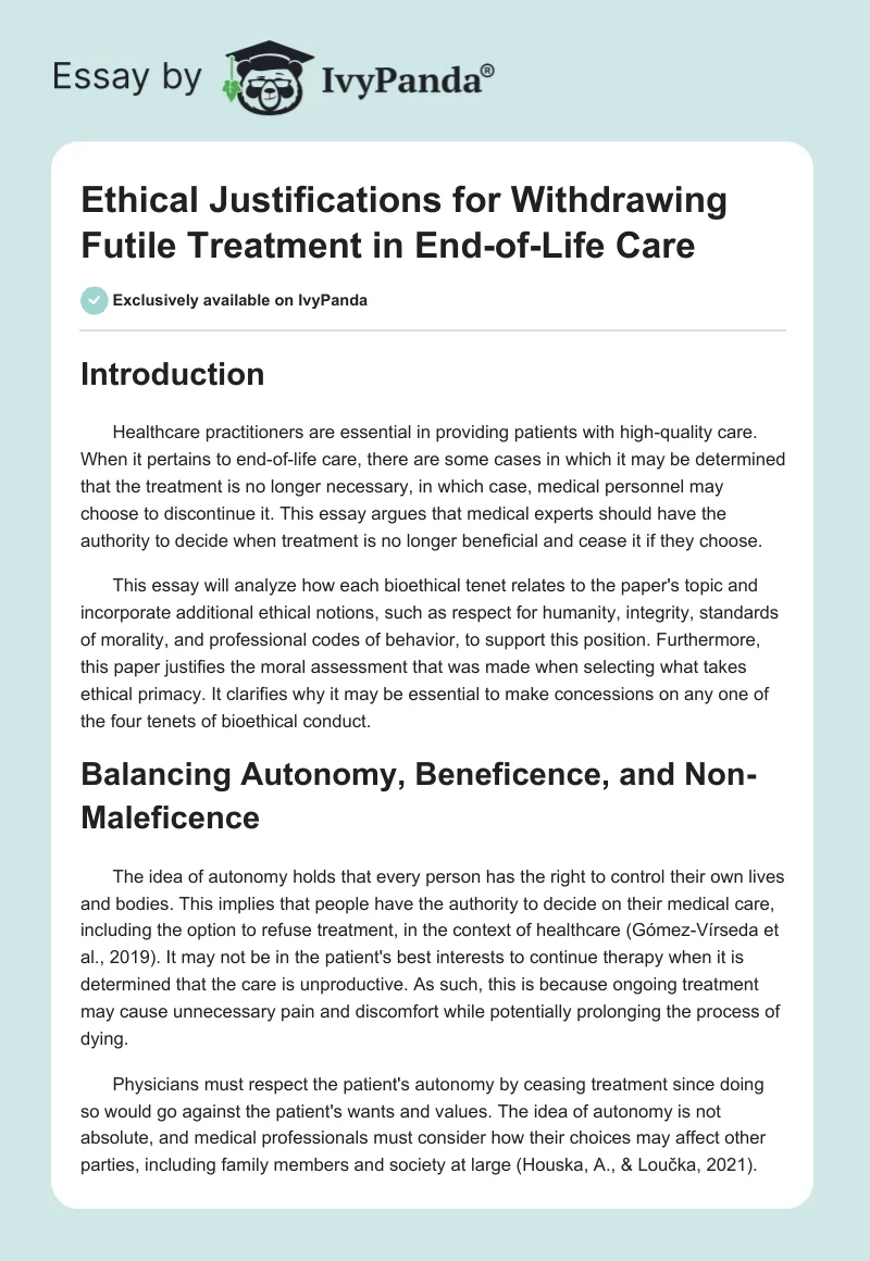 Ethical Justifications for Withdrawing Futile Treatment in End-of-Life Care. Page 1