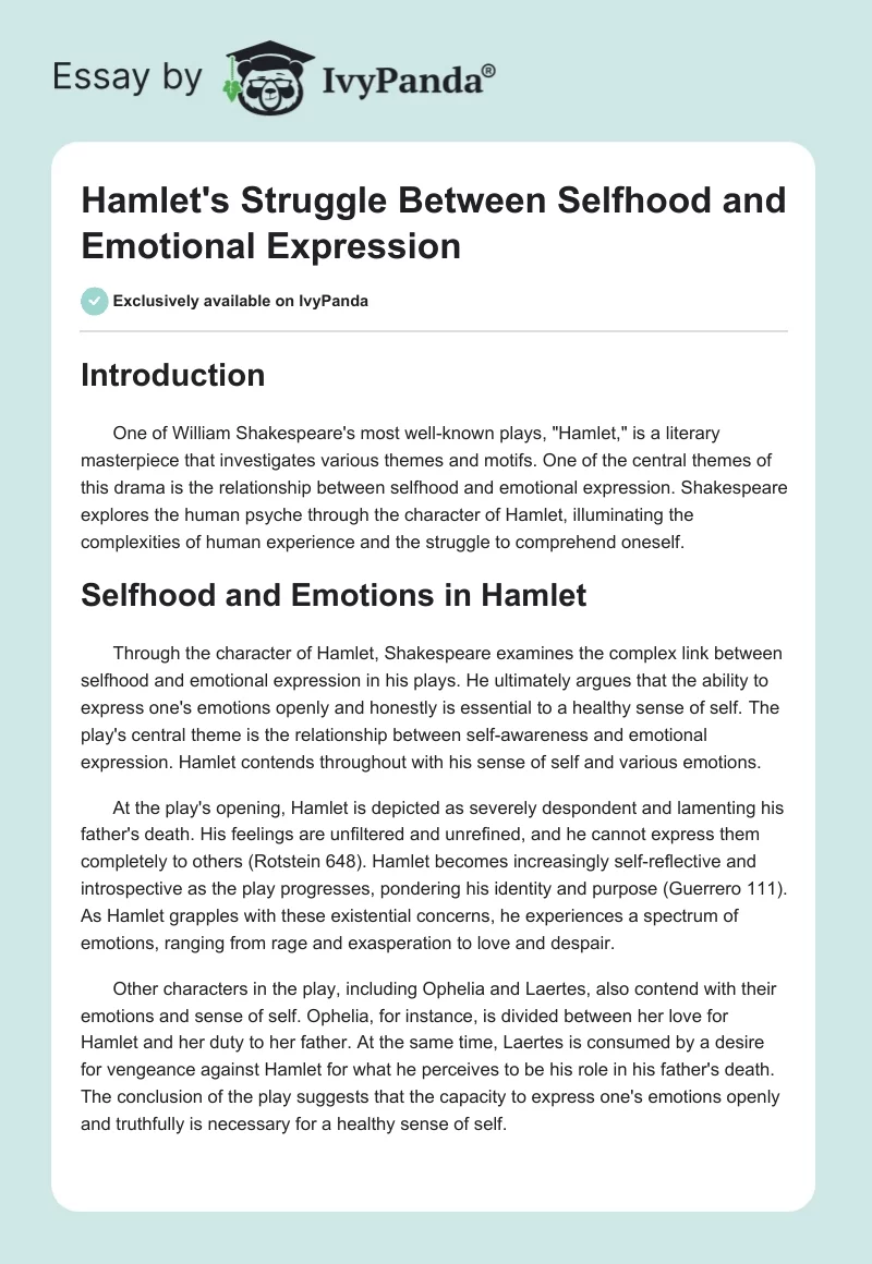 Hamlet's Struggle Between Selfhood and Emotional Expression. Page 1