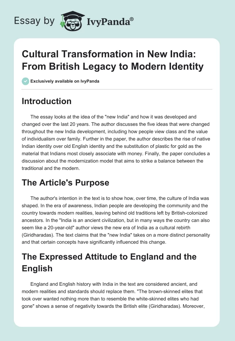 Cultural Transformation in New India: From British Legacy to Modern Identity. Page 1