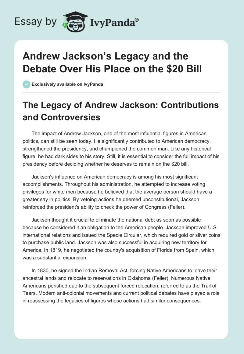 Andrew Jackson’s Legacy and the Debate Over His Place on the $20 Bill. Page 1