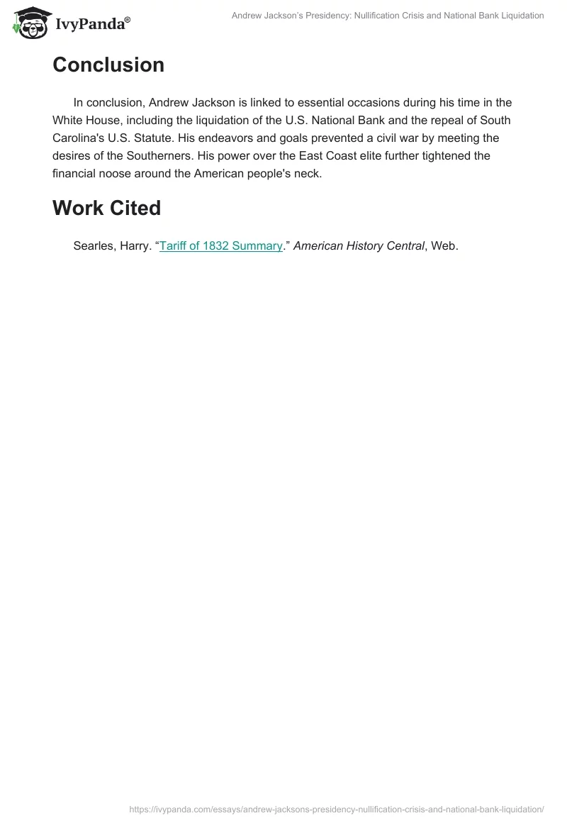 Andrew Jackson’s Presidency: Nullification Crisis and National Bank Liquidation. Page 2