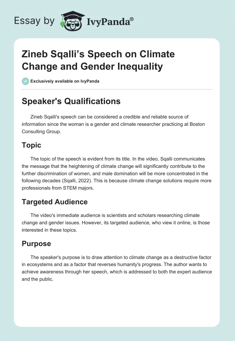 Zineb Sqalli’s Speech on Climate Change and Gender Inequality. Page 1