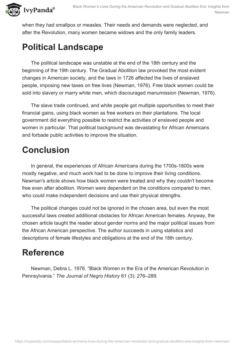 Black Women’s Lives During the American Revolution and Gradual Abolition Era: Insights from Newman. Page 2