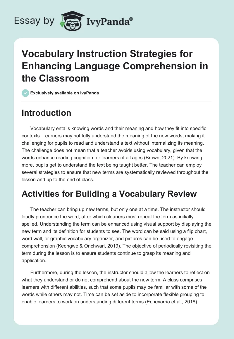 Vocabulary Instruction Strategies for Enhancing Language Comprehension in the Classroom. Page 1