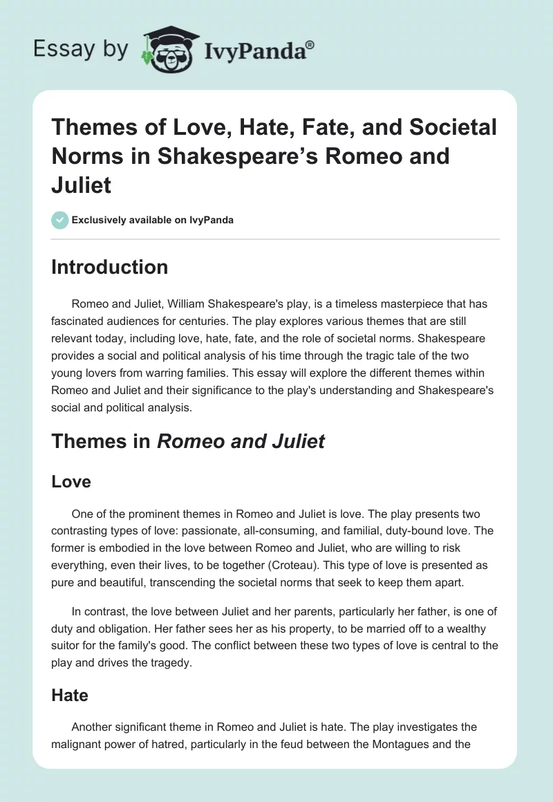 Themes of Love, Hate, Fate, and Societal Norms in Shakespeare’s Romeo and Juliet. Page 1