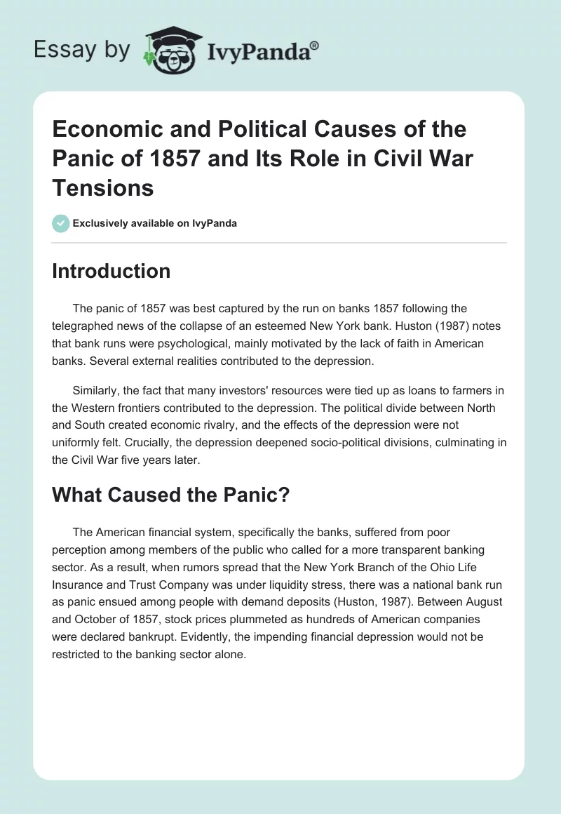 Economic and Political Causes of the Panic of 1857 and Its Role in Civil War Tensions. Page 1