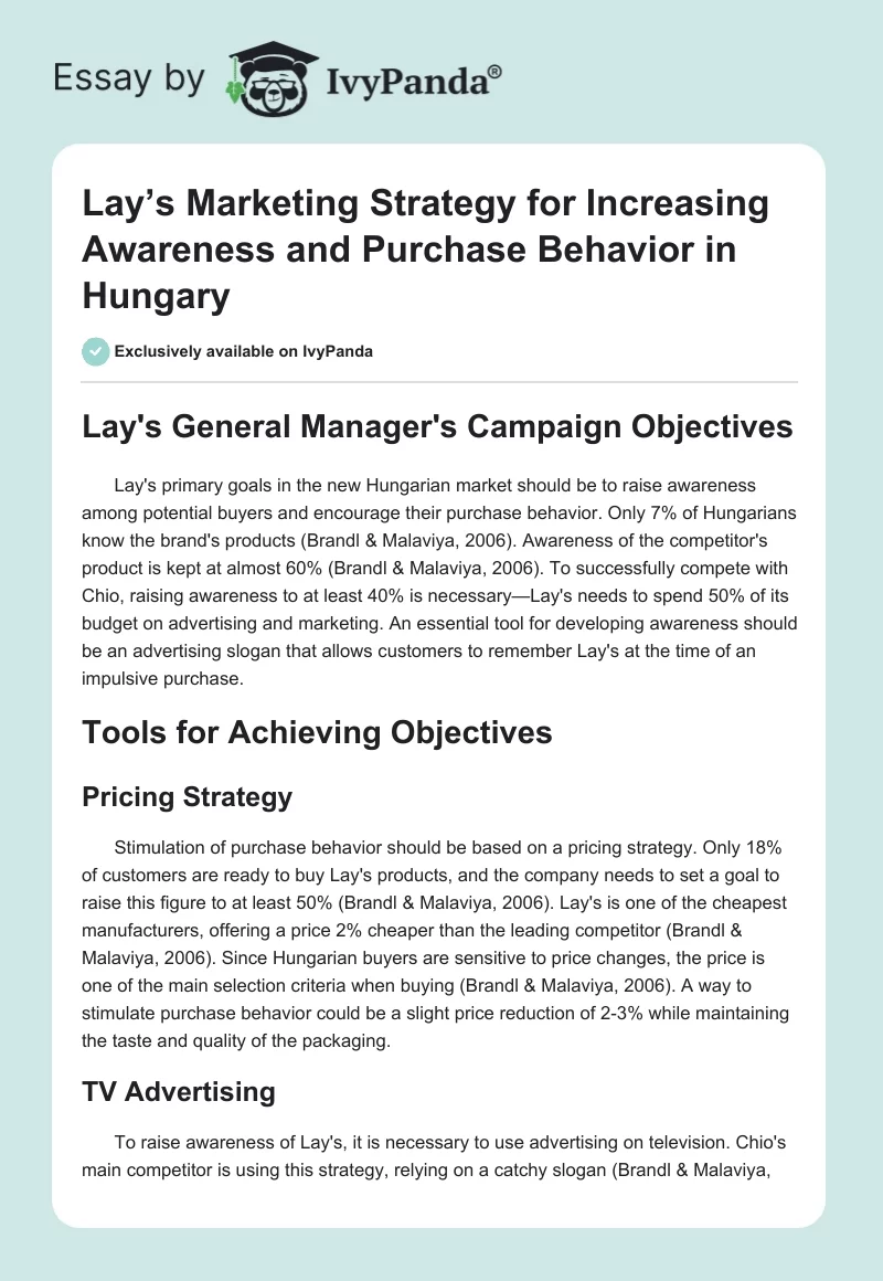 Lay’s Marketing Strategy for Increasing Awareness and Purchase Behavior in Hungary. Page 1