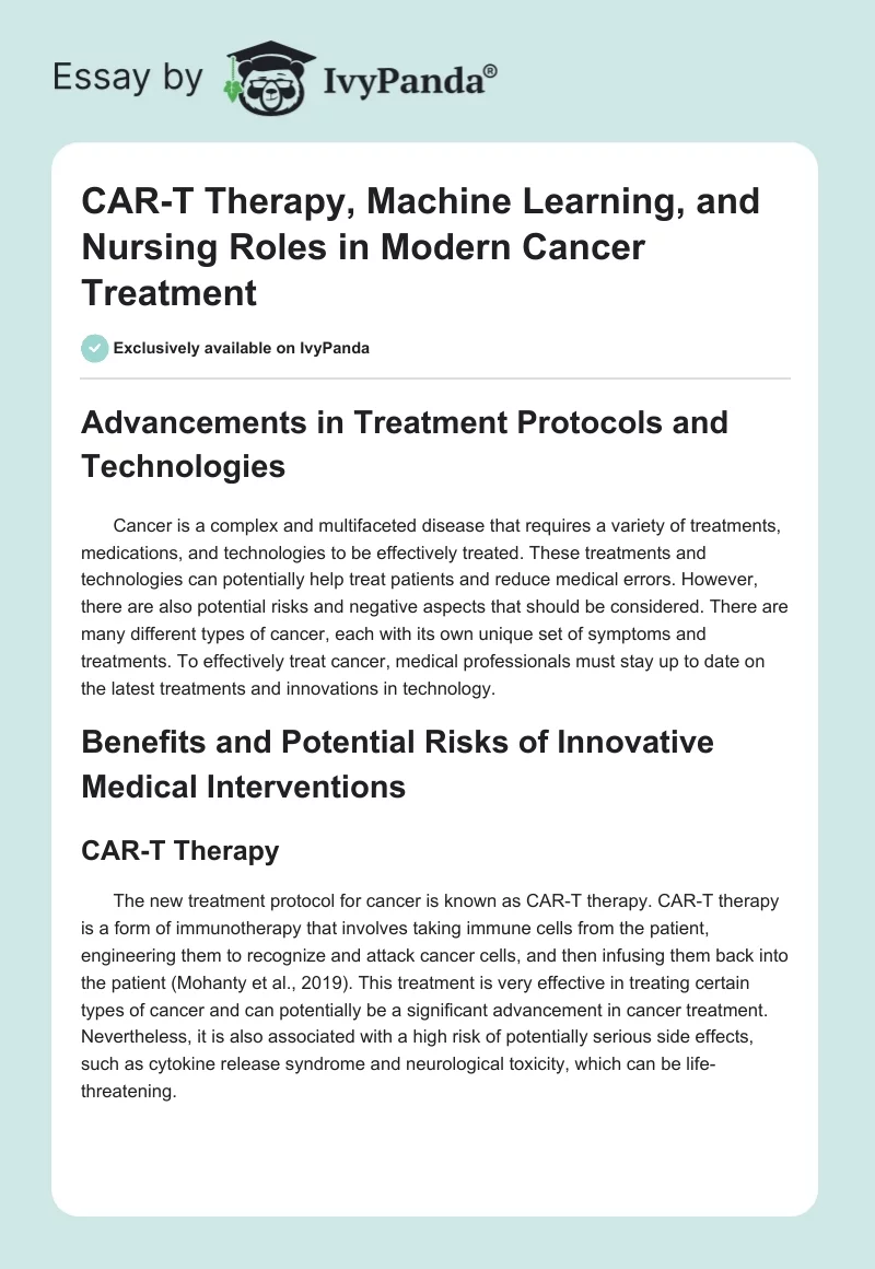 CAR-T Therapy, Machine Learning, and Nursing Roles in Modern Cancer Treatment. Page 1