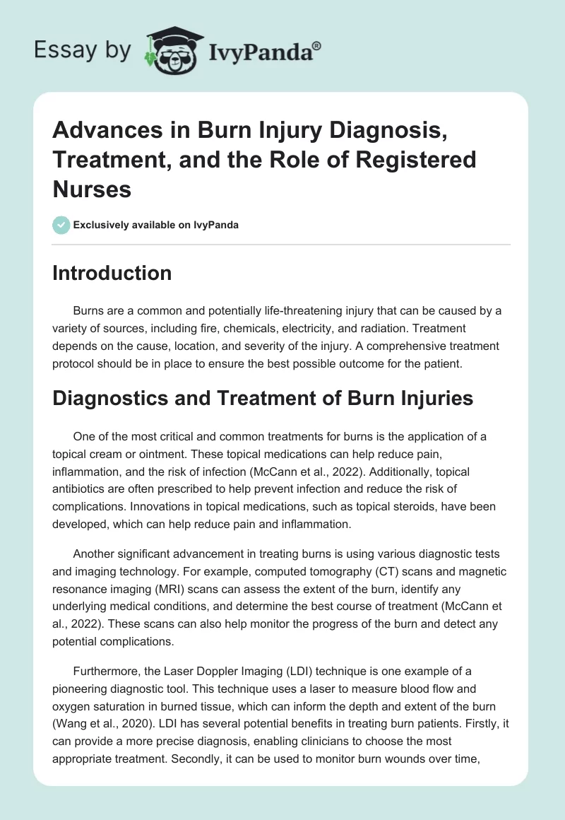 Advances in Burn Injury Diagnosis, Treatment, and the Role of Registered Nurses. Page 1
