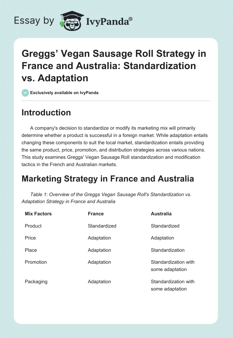 Greggs’ Vegan Sausage Roll Strategy in France and Australia: Standardization vs. Adaptation. Page 1