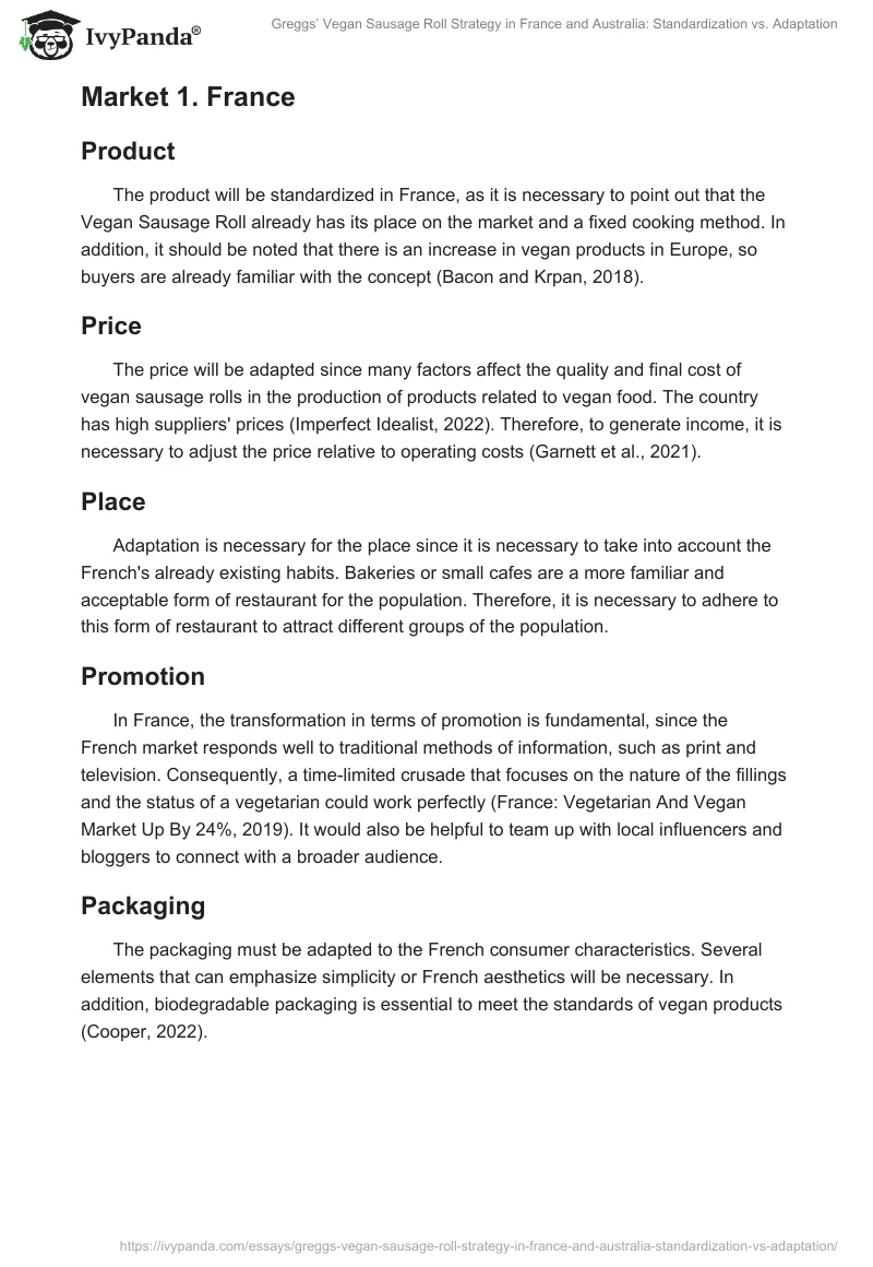 Greggs’ Vegan Sausage Roll Strategy in France and Australia: Standardization vs. Adaptation. Page 2