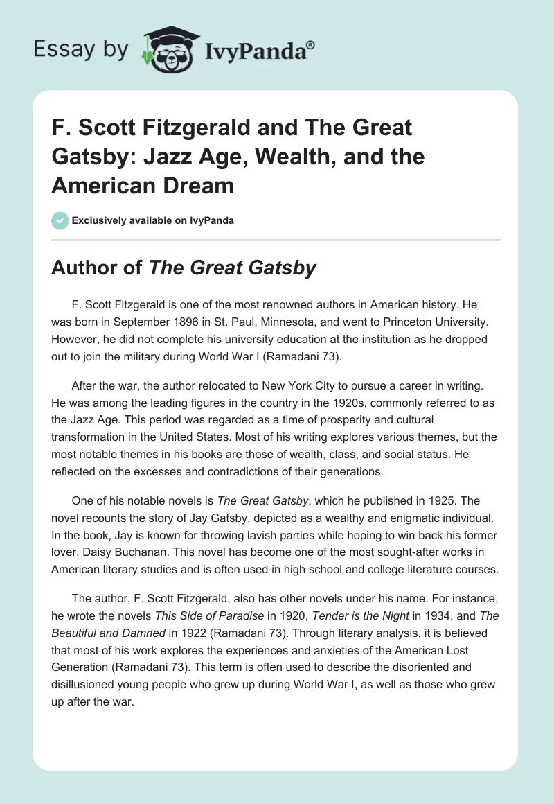 F. Scott Fitzgerald and The Great Gatsby: Jazz Age, Wealth, and the American Dream. Page 1