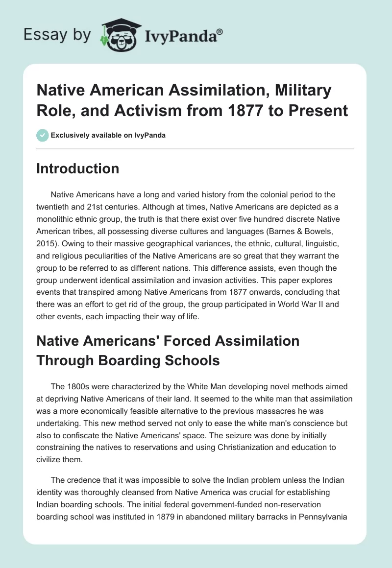 Native American Assimilation, Military Role, and Activism from 1877 to Present. Page 1