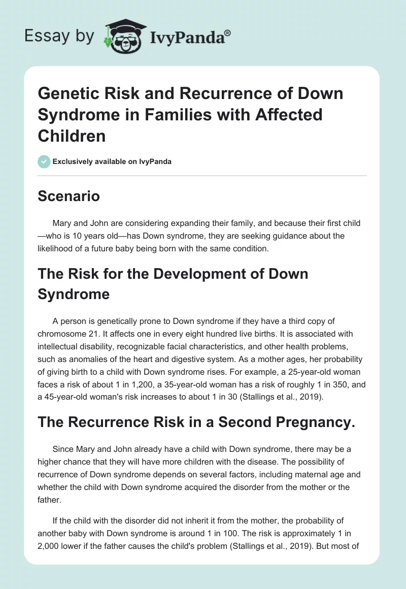 Genetic Risk and Recurrence of Down Syndrome in Families with Affected Children. Page 1