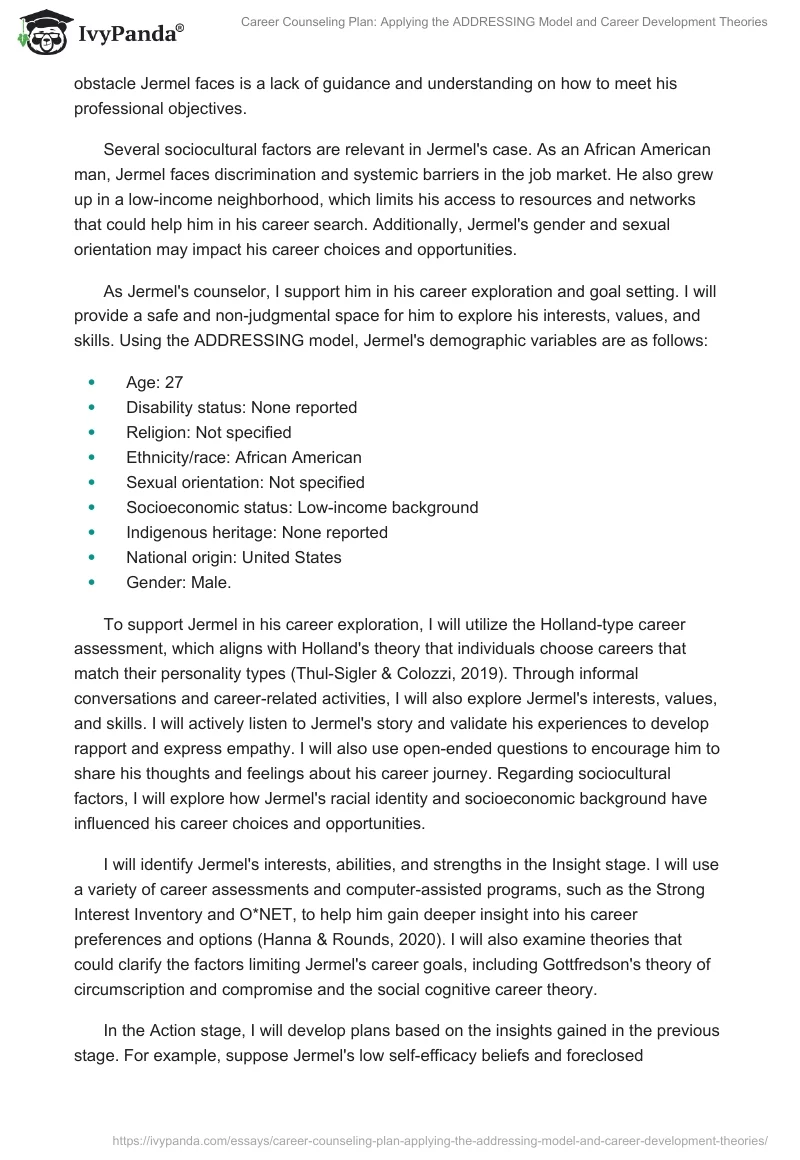 Career Counseling Plan: Applying the ADDRESSING Model and Career Development Theories. Page 2