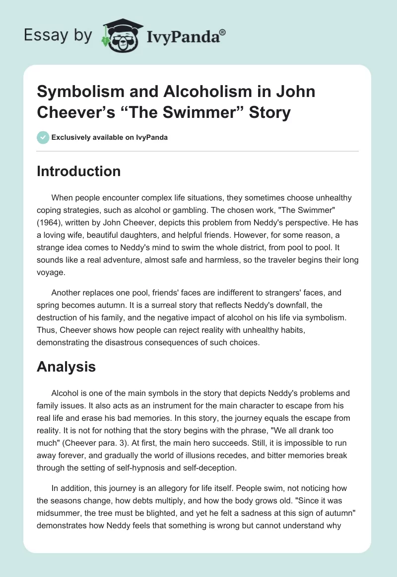 Symbolism and Alcoholism in John Cheever’s “The Swimmer” Story. Page 1