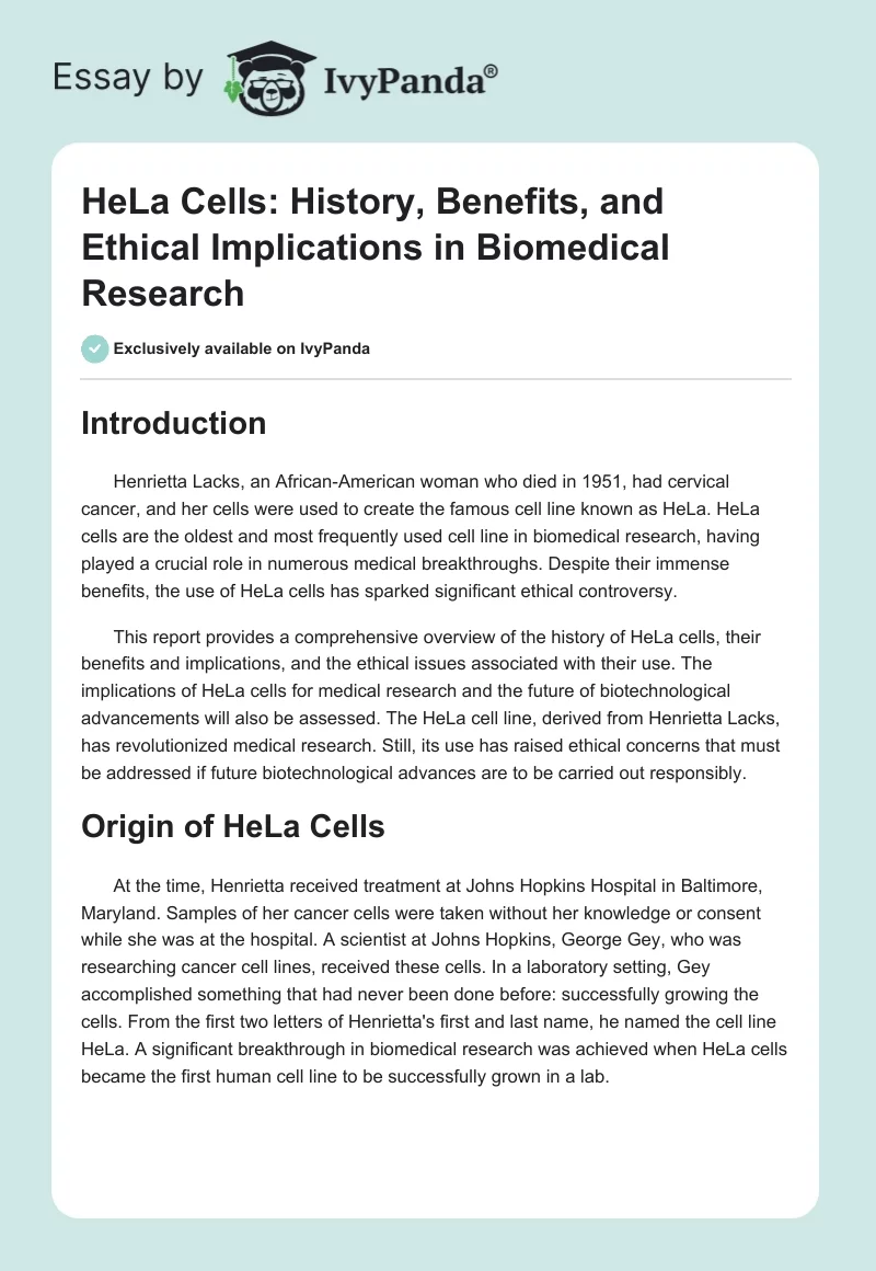 HeLa Cells: History, Benefits, and Ethical Implications in Biomedical Research. Page 1