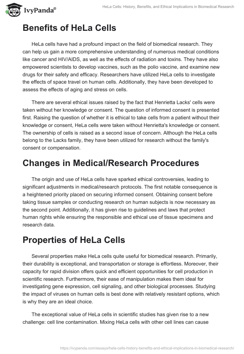 HeLa Cells: History, Benefits, and Ethical Implications in Biomedical Research. Page 2